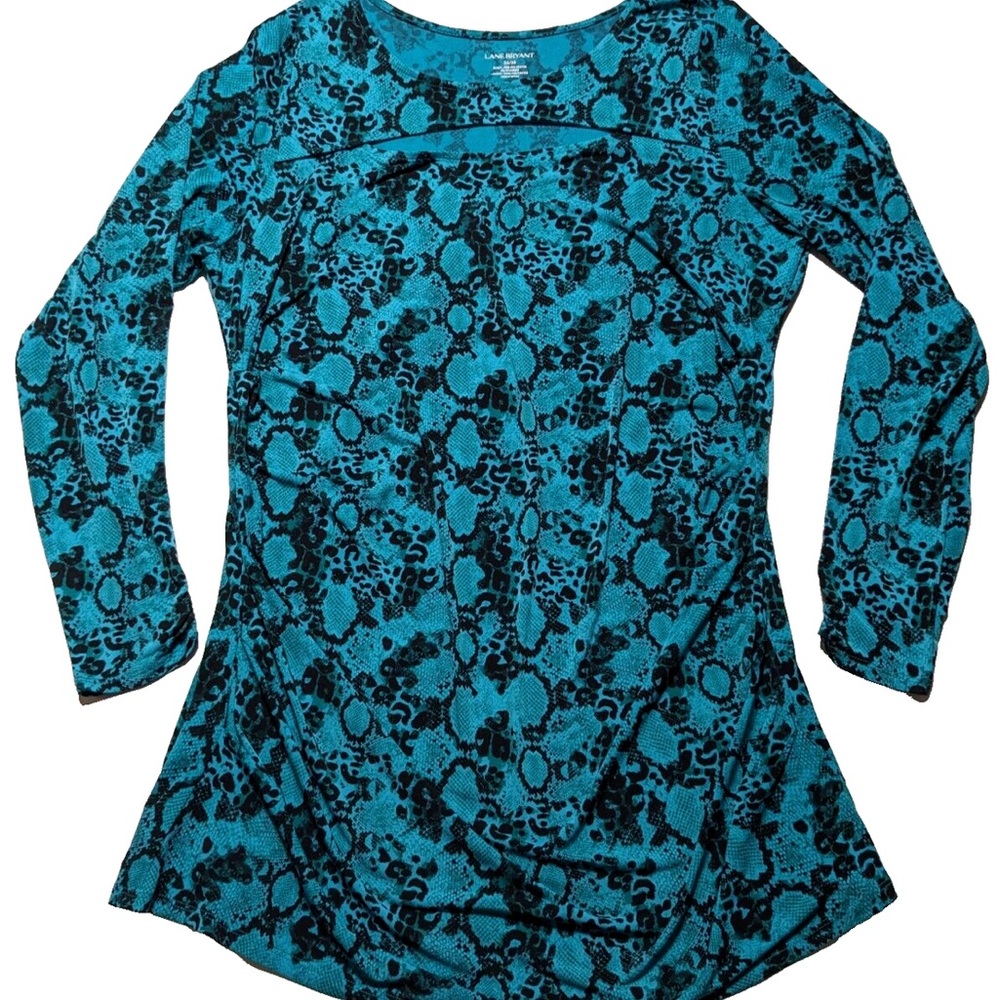 Lane Bryant Teal and Black Long Sleeve Snake Print Rouched Tunic